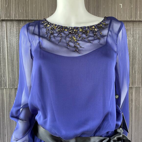 š„NWT ($120) Adrianna Papell Beaded Bishop Sleeve Sheer Chiffon Feminine Blouse - Picture 3 of 16